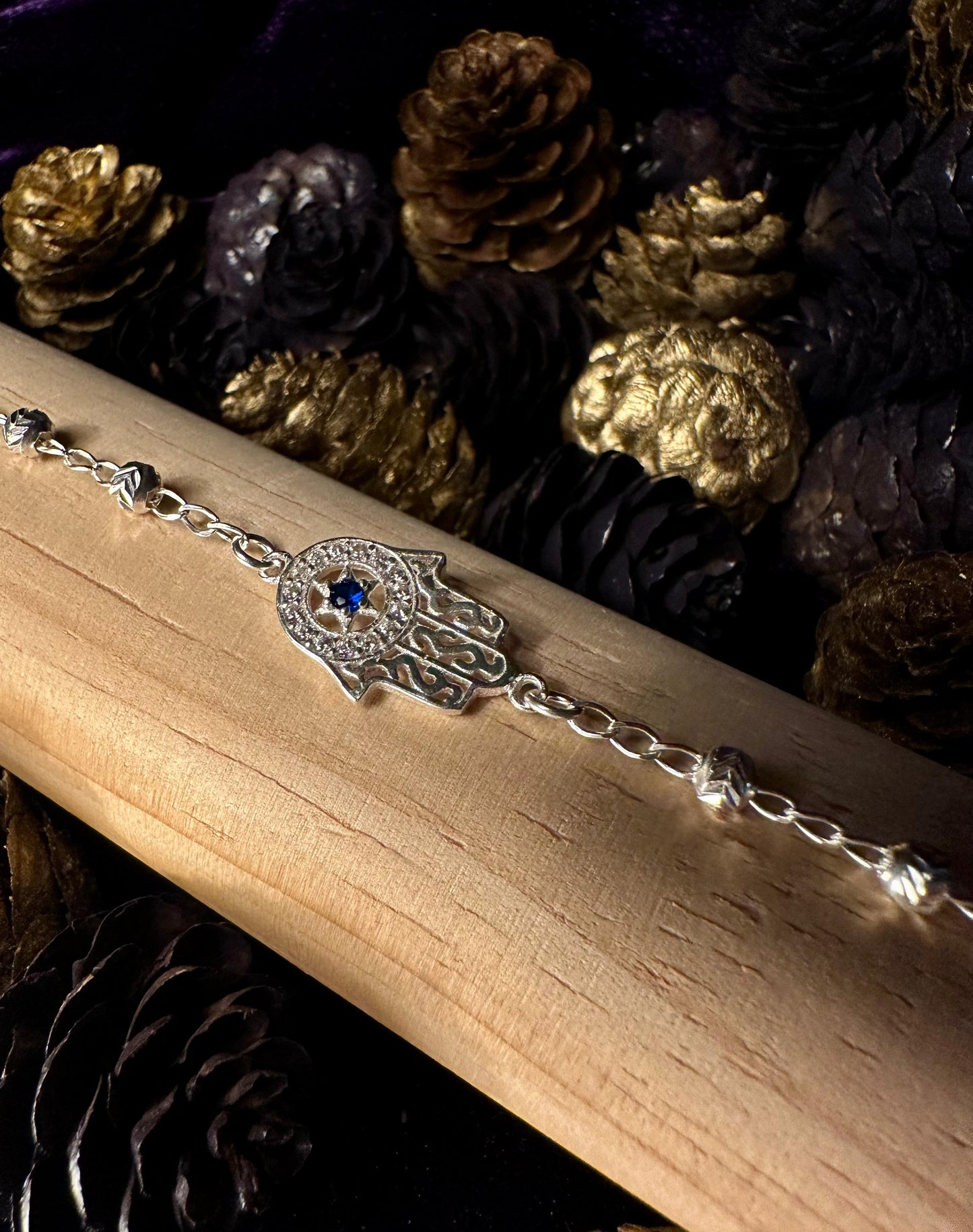 Silver Blue Star Fatima Hand Bracelet