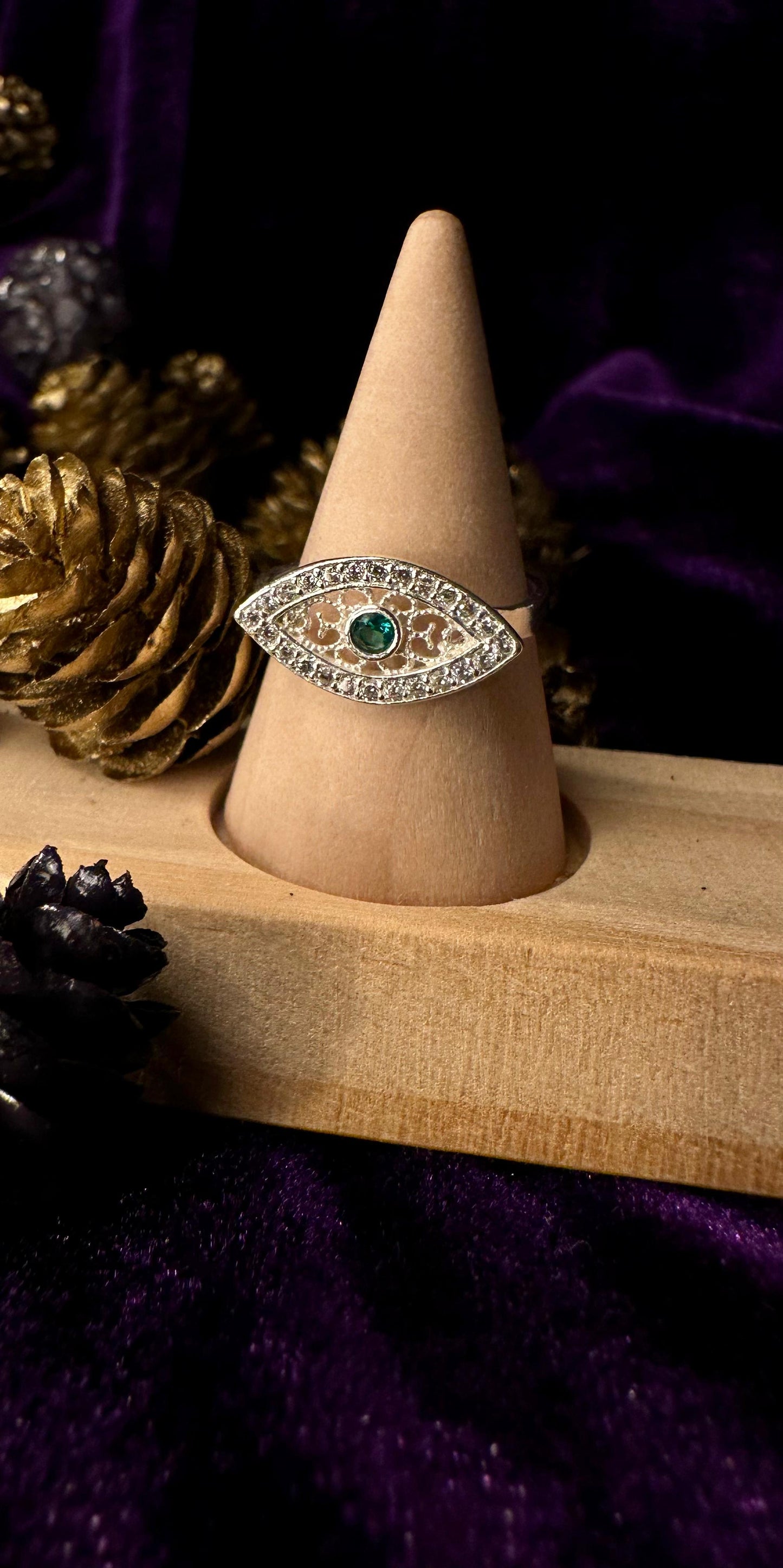 Silver Green Evil Eye With Zirconium Stones Ring