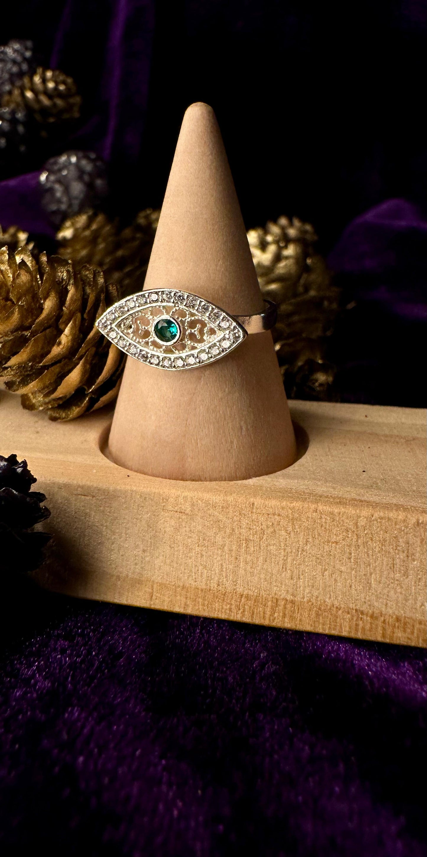 Silver Green Evil Eye With Zirconium Stones Ring