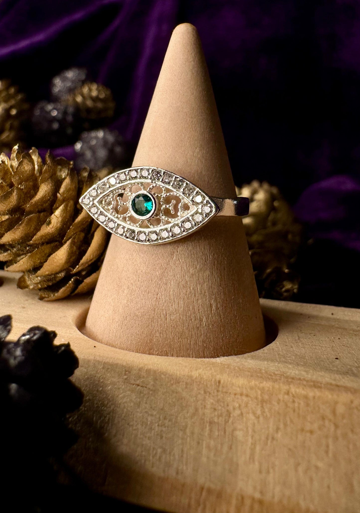 Silver Green Evil Eye With Zirconium Stones Ring