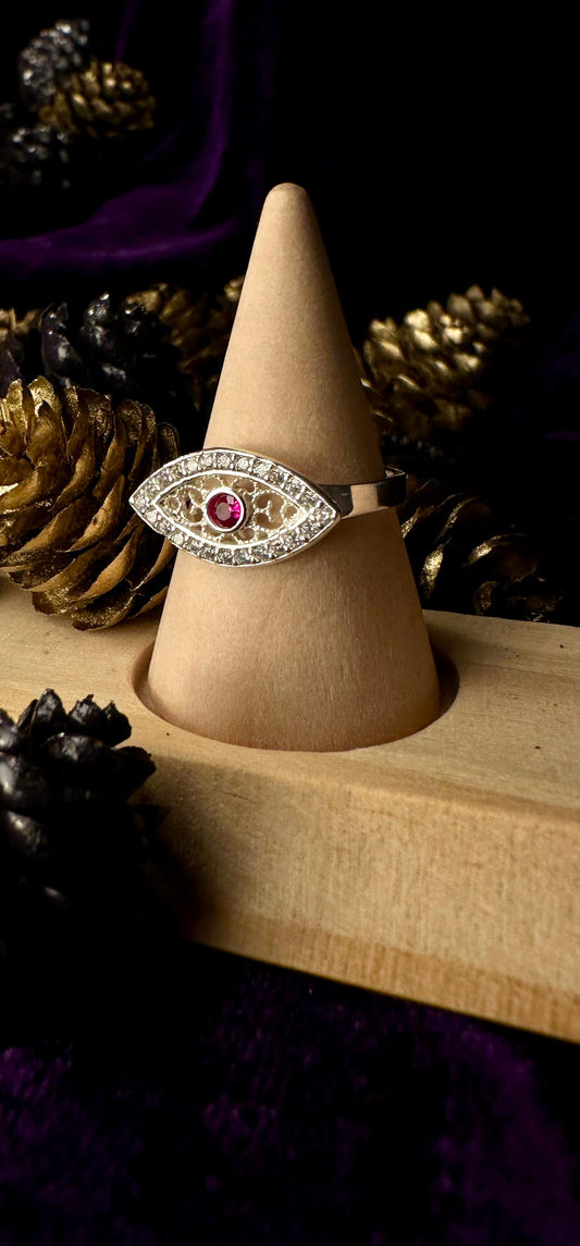 Silver Pink Evil Eye With Zirconium Stones Ring