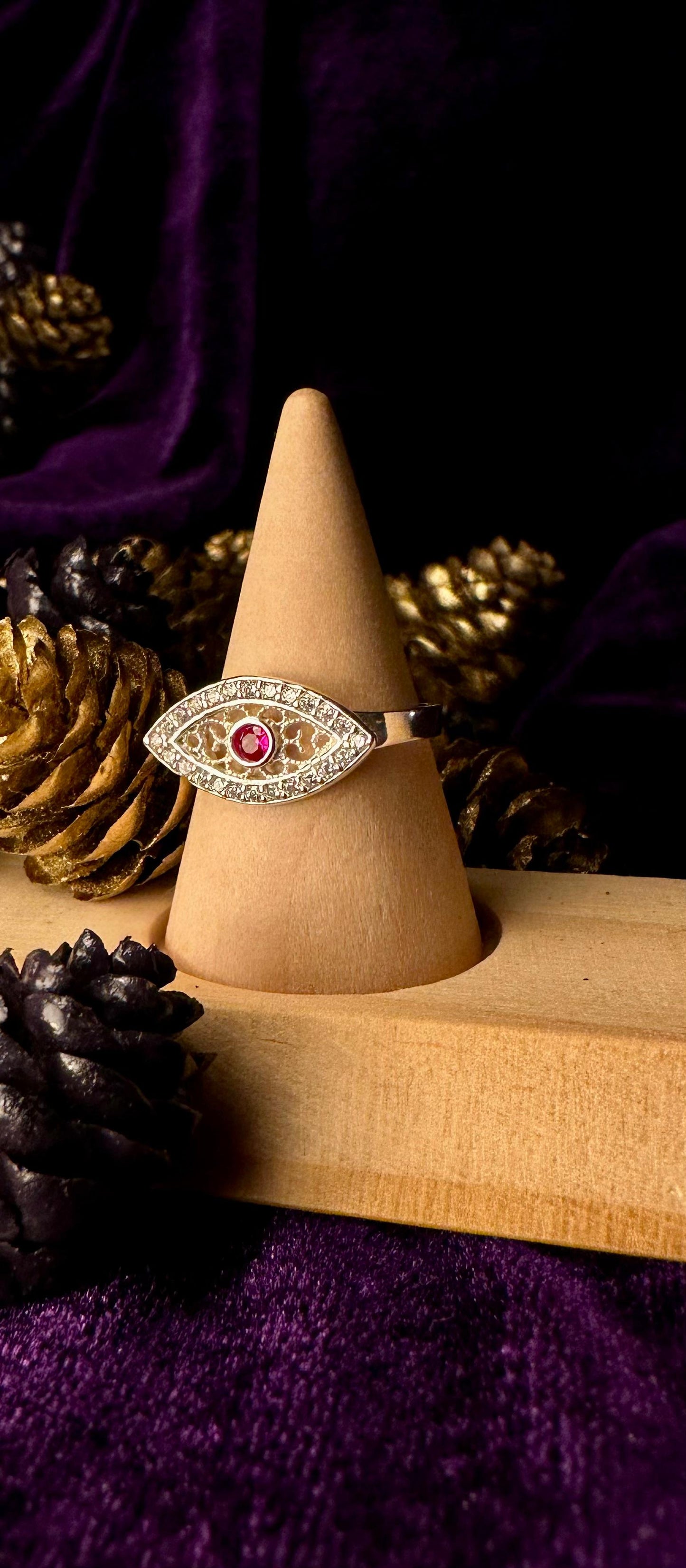 Silver Pink Evil Eye With Zirconium Stones Ring