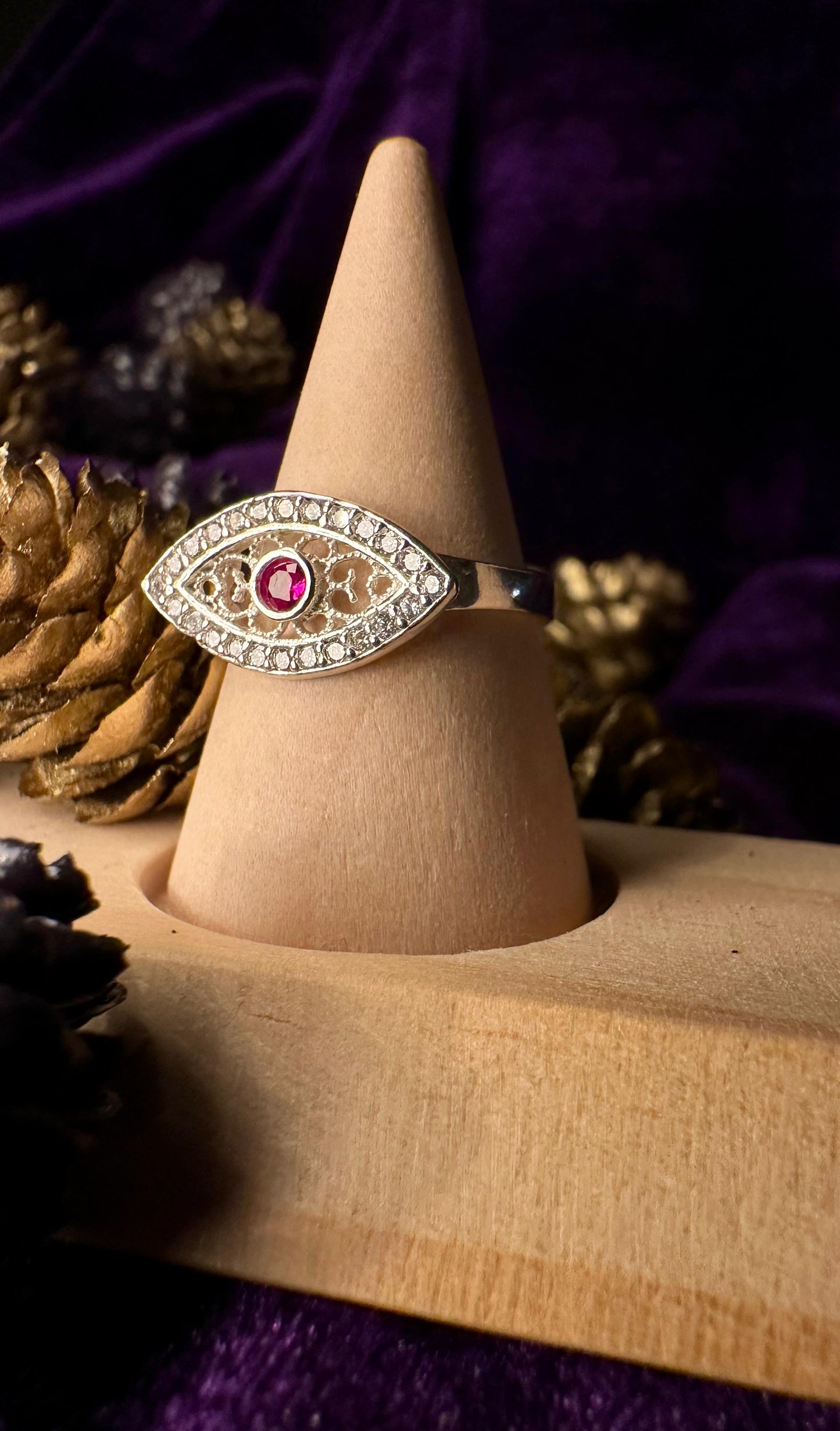 Silver Pink Evil Eye With Zirconium Stones Ring